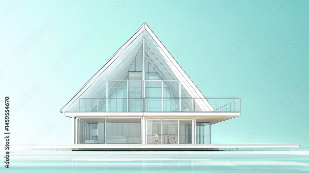 Aufkleber architectural rendering of a modern a-frame house with glass walls and a balcony set against a seren