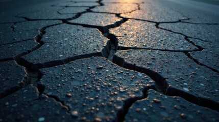 Cracked earth surface with morning dew, reflecting sunlight, showing texture and detail of arid land