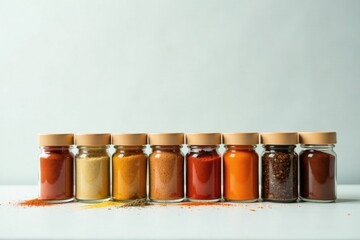 Aromatic Spice Collection in Glass Jars Vibrant Colors and Diverse Flavors for Culinary Creations