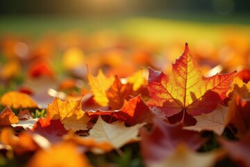 Autumnal foliage bathed in the warm glow of the setting sun, creating a vibrant tapestry of red and gold leaves scattered across a verdant lawn
