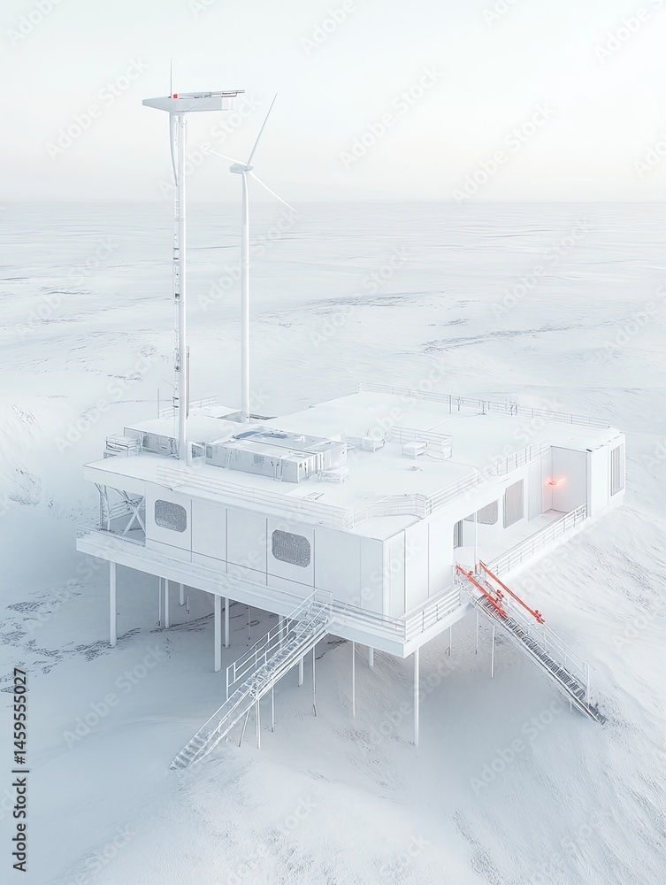 Poster architectural rendering of a white elevated structure featuring wind turbines and a minimalist aesth