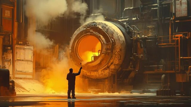 Engineer holding a temperature probe stands in front of a glowing industrial furnace surrounded by steam, extreme heat inspection, thermal energy monitoring, and advanced manufacturing systems