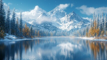 Snowy mountains, peaceful lake, autumn colors