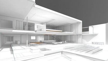 Obraz premium Architectural rendering of a modern building interior featuring multiple levels white surfaces and open spaces bathed in bright light, with a focus on clean lines and geometric forms.