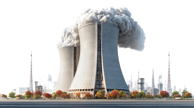 Power Plant Landscape: This photorealistic image showcases the towering presence of a power plant, complete with smokestacks billowing clouds into the sky.