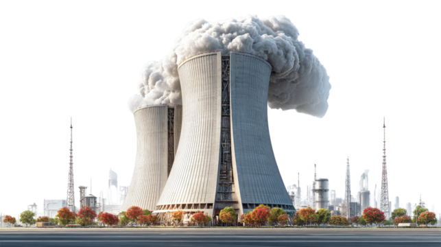 Power Plant Landscape: This photorealistic image showcases the towering presence of a power plant, complete with smokestacks billowing clouds into the sky.