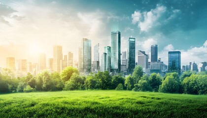 Obraz premium Lush urban landscape of modern buildings and trees.