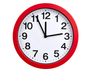  Red wall clock with a white face and black numbers on a transparent background PNG