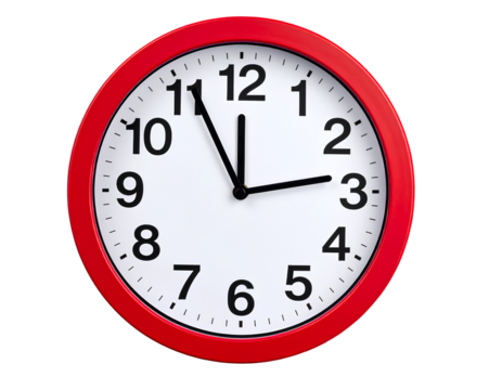  Red wall clock with a white face and black numbers on a transparent background PNG