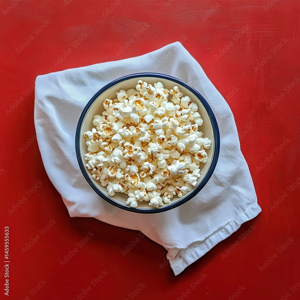 Poster Popcorn in bowl on white cloth against a red backdrop. A simple snack displayed on a colorful background from top down.
