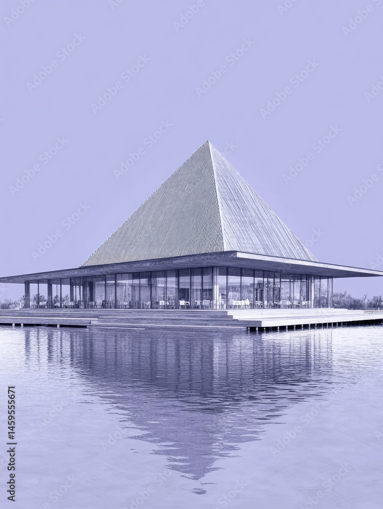 Poster modern architectural rendering of a pyramid roof structure with water reflection and soft monochroma
