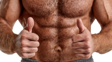 Muscular Man Showing Thumbs Up: A muscular man with a hairy chest shows thumbs up, conveying a sense of strength, fitness, and positivity.