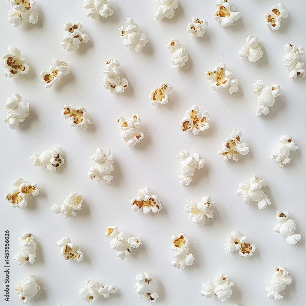 Poster A scattered array of freshly popped popcorn, creating a delightful pattern against a clean white surface. Snack time is here!