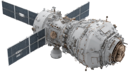 Orbiting Marvel: A detailed photograph showcasing a cutting-edge orbital spacecraft, resplendent with solar panels. a perfect example of technological achievement.