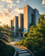 modern brutalism building with lush greenery, created by generative ai