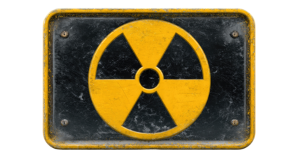 Radioactive Warning Sign: The weathered sign prominently displays the radiation symbol, serving as a stark visual warning for hazardous materials and areas. Emphasizing caution and awareness.