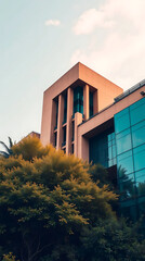 modern brutalism building with lush greenery, created by generative ai