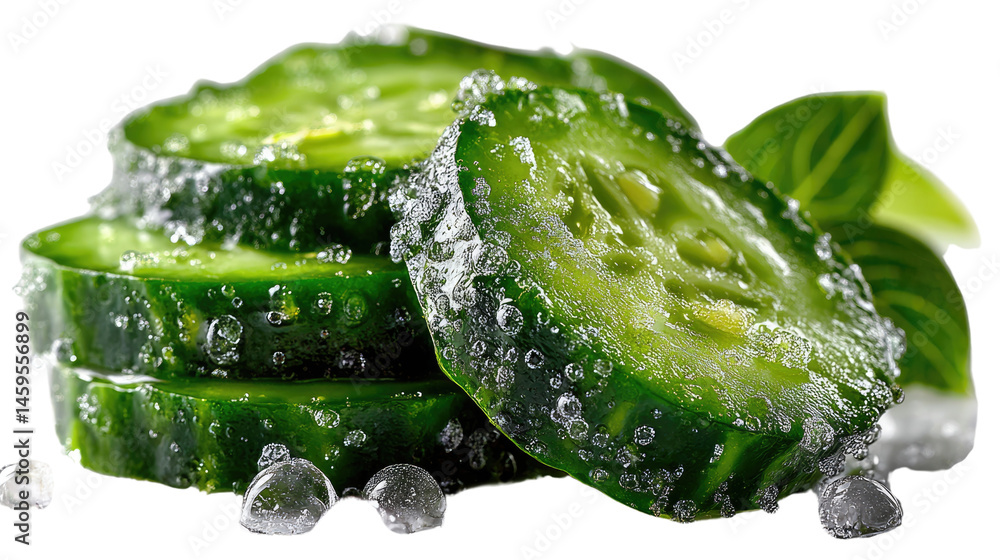 Poster cucumber slices and mint leaves: a fresh and inviting close-up of sliced cucumbers with refreshing g