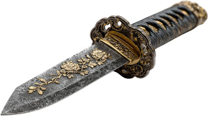 Ornate Katana Dagger: An intricately crafted Katana Dagger with a detailed floral design on the blade and elegant gold accents. The black scabbard contrasts beautifully with the gleaming metal.  