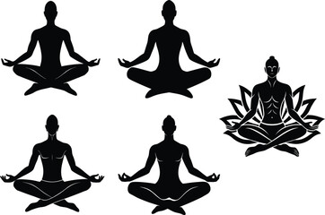 Set of sitting yoga silhouette vector illustration on white background.