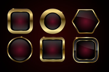 Collection of luxury and premium buttons features a red , square shape with rounded edges, framed by a glossy, gold metallic finish. and group of six  red glossy buttons