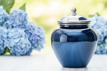 Ceramic urn surrounded by blue hydrangeas at a serene garden setting in soft daylight