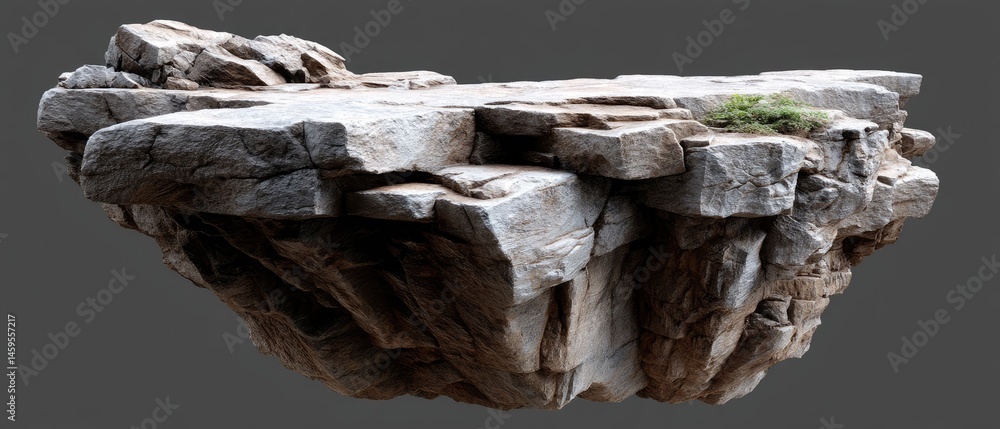 Aufkleber a floating rocky platform with rough textures and a small patch of greenery set against a plain back