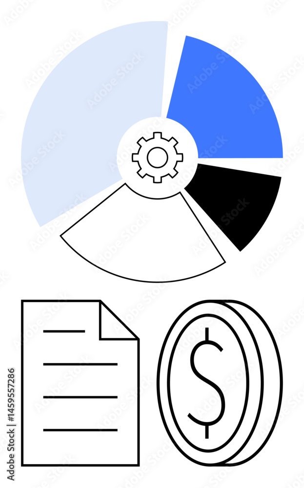 Aufkleber pie chart and gear symbolizing data and processes, document for information and planning, coin for f