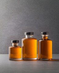 Three amber glass bottles of varying sizes, showcasing a rich, golden liquid, sit on a gray surface against a muted background