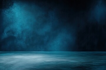 Dark, moody studio background with a cool blue, misty atmosphere.  A smooth, slightly reflective, dark surface floor takes center stage