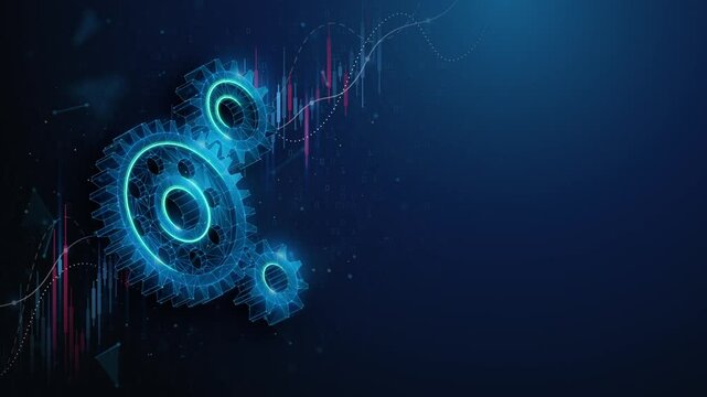 Lowpoly Gears Over Growing Stock Market Graph Abstract Animation Loop. Engineering development and manufacturing industry economic growth animated concept in wireframe mesh style with copy space