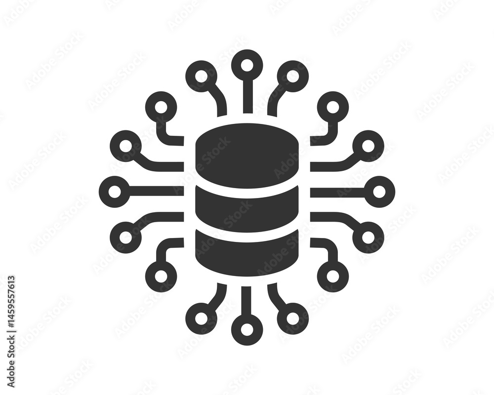 Poster Conceptual graphic of a database server connected via a chip circuit. Symbolizes data, technology, and interconnected systems. Ideal for IT, networking, or cloud concepts.