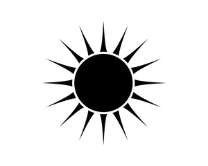 Bold, minimalist sun illustration. Sharp, pointed rays emanate from a solid black circle. Symbolizes energy, heat, and summer. Perfect for design projects.
