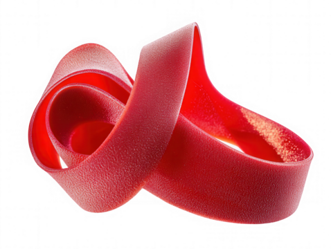 Abstract red ribbon sculpture on a stark black background on transparent background