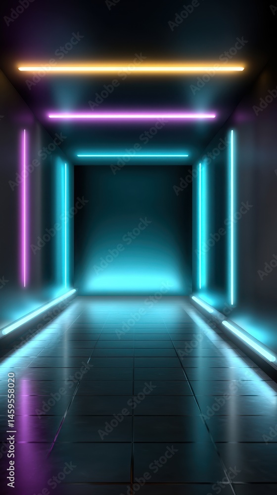 Poster abstract neon corridor with geometric light installation on black tiled floor futuristic architectur