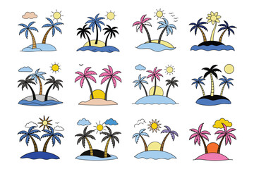  Set of summer palm trees drawing vector illustration on white background.