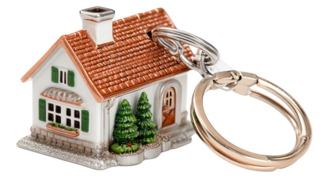Key to a Dream: A miniature model home, complete with intricate details, gleams alongside a lustrous keyring, symbolizing the realization of the housing aspirations.