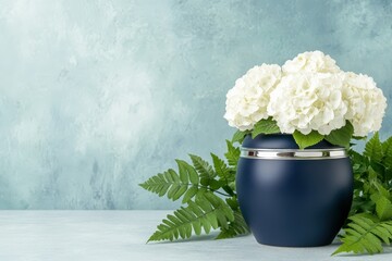 Elegant white hydrangea arrangement in a dark ceramic vase with green ferns on a textured blue background