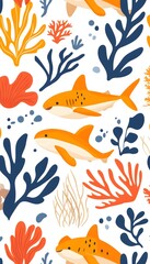 Underwater scene with orange sharks and colorful coral