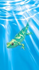Underwater reptile, vibrant green, swimming in sunlit turquoise water