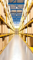 Fototapeta premium Vast warehouse aisle filled with stacked cardboard boxes on yellow metal shelving units under a high ceiling with blue metal framework
