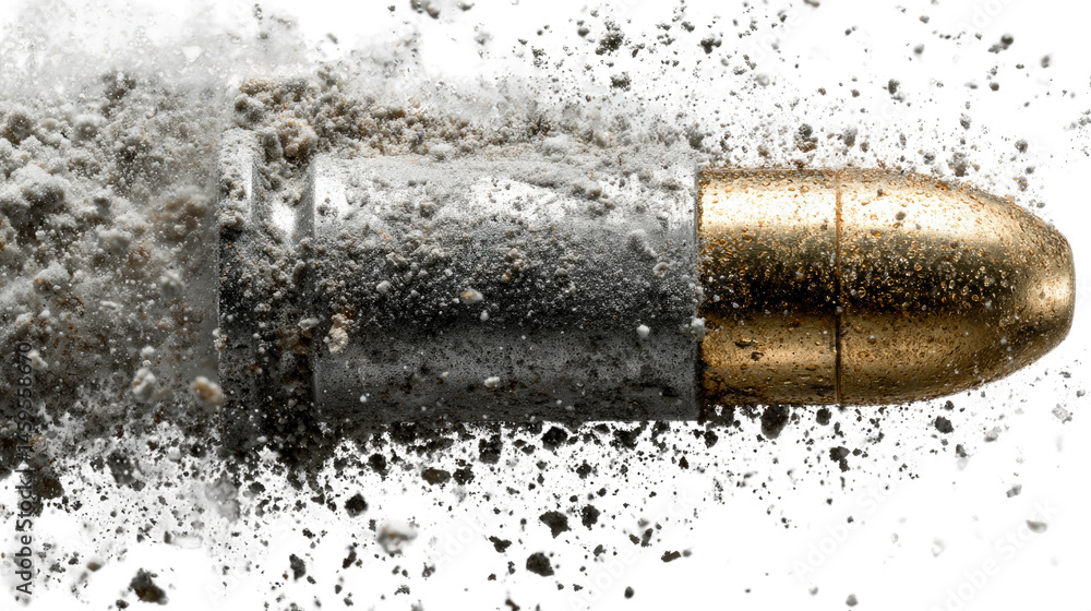 Poster bullet in motion: an artistic capture showcases a bullet in dynamic movement, with fine particles tr