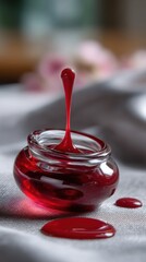 Elegant composition showcasing a small jar containing rich red sauce with a captivating drip in motion.