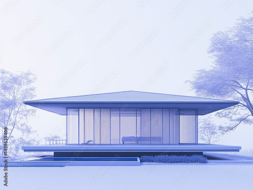 Aufkleber architectural rendering of a modern minimalist house in monochromatic blue with large windows and su