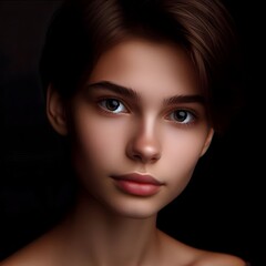 Fototapeta premium Portrait of a young woman with short hair, direct gaze on black background 1