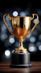 Trophy award gleaming with reflections, resting on a black base against a blurred bokeh background, conveying achievement and success