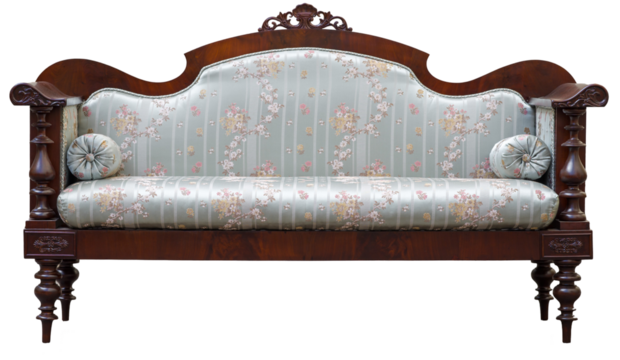 This settee features ornate wooden arms and legs, adorned with floral patterned upholstery, creating a charming vintage aesthetic perfect for classic interior decor.
