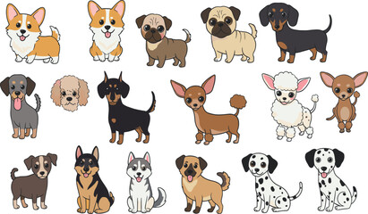 Fototapeta premium Cute dog breeds. Cartoon puppies and doggy pet. Funny friendly animals characters. Happy corgi, doberman, dalmatian, pug, dachshund. Flat puppy 