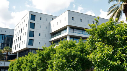 modern brutalism building with lush greenery, created by generative ai