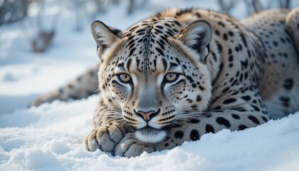 Obraz premium Majestic Amur Leopard Resting in Winter Snow Powerful Wild Cat Closeup